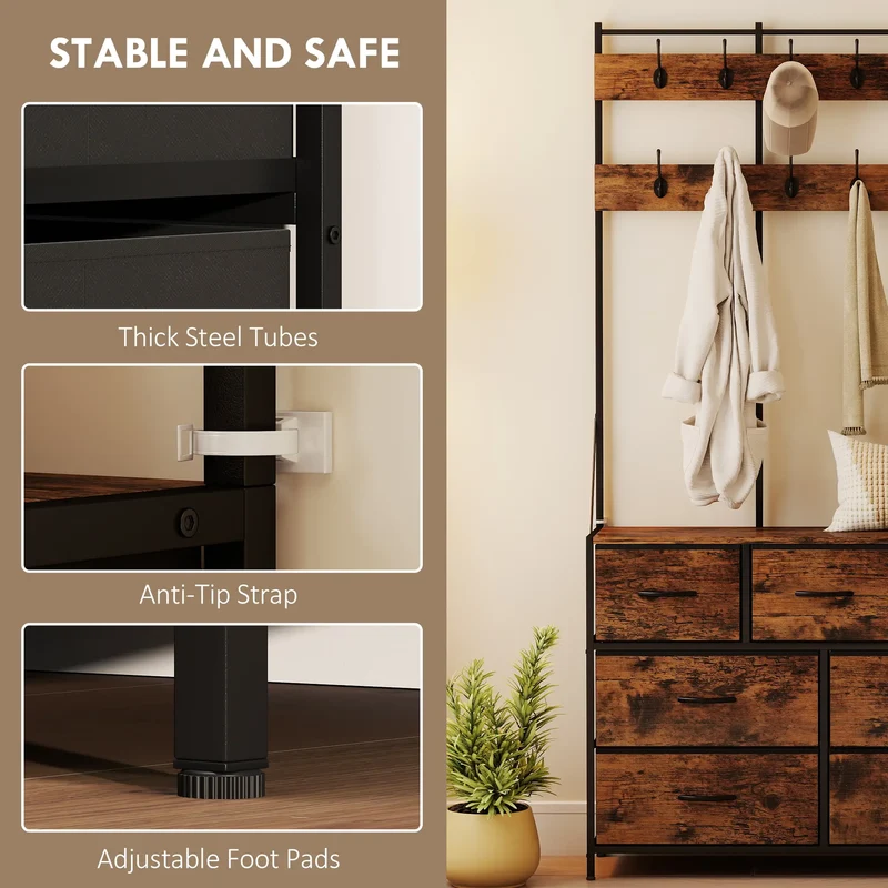 4-In-1 Coat Rack, 7 Drawer Fabric Dresser, Hall Tree 14 Hooks, Rustic Brown