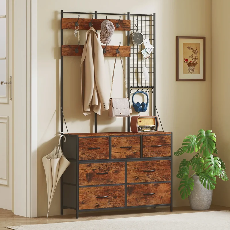 4-In-1 Coat Rack, 7 Drawer Fabric Dresser, Hall Tree 14 Hooks, Rustic Brown