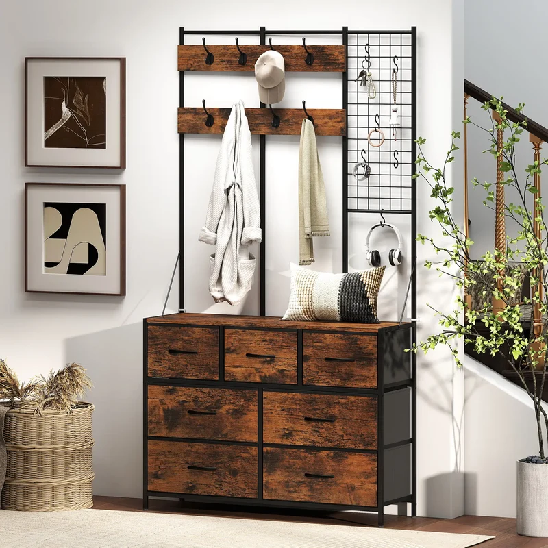 4-In-1 Coat Rack, 7 Drawer Fabric Dresser, Hall Tree 14 Hooks, Rustic Brown