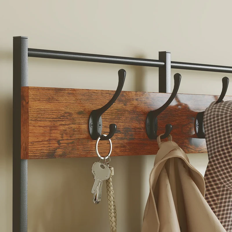 4-In-1 Coat Rack, 7 Drawer Fabric Dresser, Hall Tree 14 Hooks, Rustic Brown