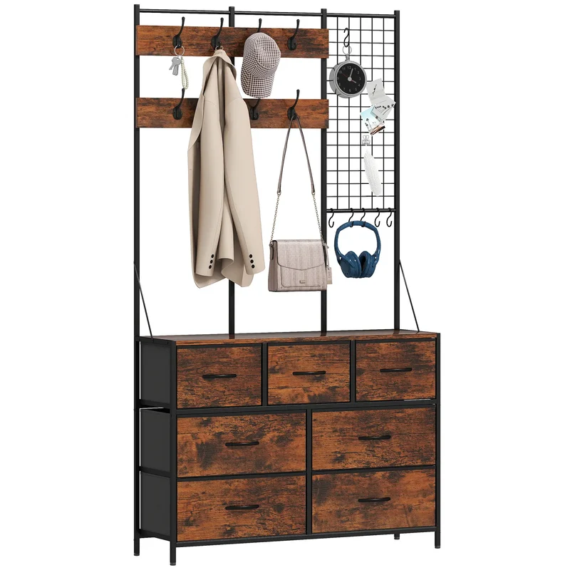 4-In-1 Coat Rack, 7 Drawer Fabric Dresser, Hall Tree 14 Hooks, Rustic Brown