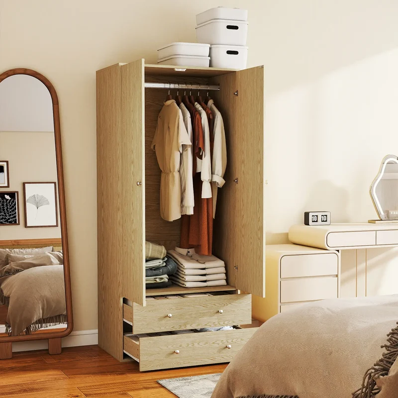 Modern Wardrobe Closet, 2 Drawers, Hanging Rod, Natural Wood