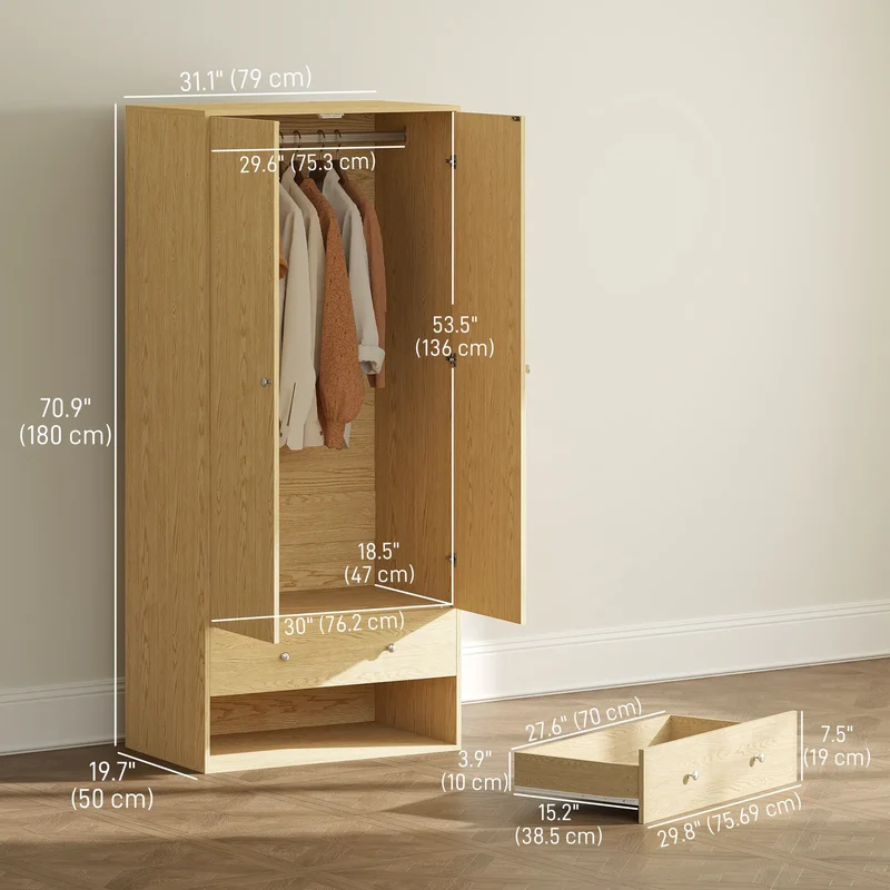 Modern Wardrobe Closet, 2 Drawers, Hanging Rod, Natural Wood