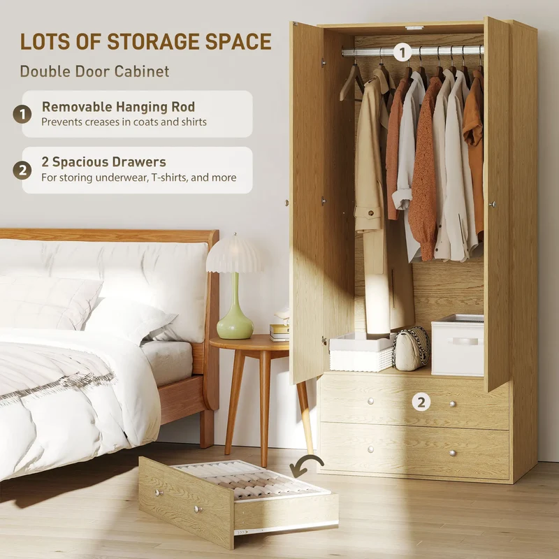 Modern Wardrobe Closet, 2 Drawers, Hanging Rod, Natural Wood
