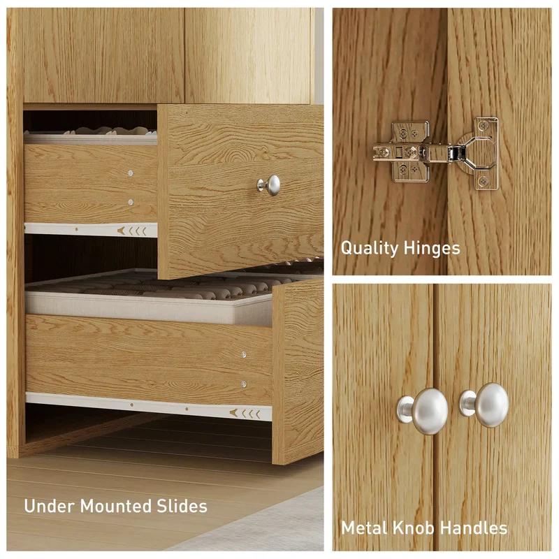Modern Wardrobe Closet, 2 Drawers, Hanging Rod, Natural Wood