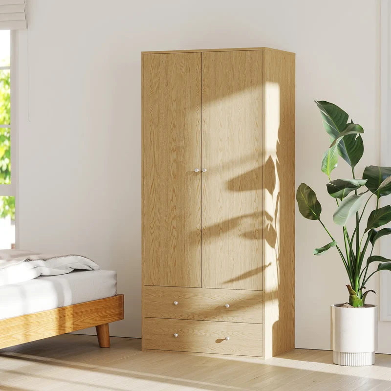 Modern Wardrobe Closet, 2 Drawers, Hanging Rod, Natural Wood