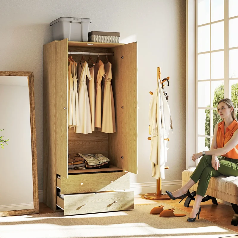 Modern Wardrobe Closet, 2 Drawers, Hanging Rod, Natural Wood