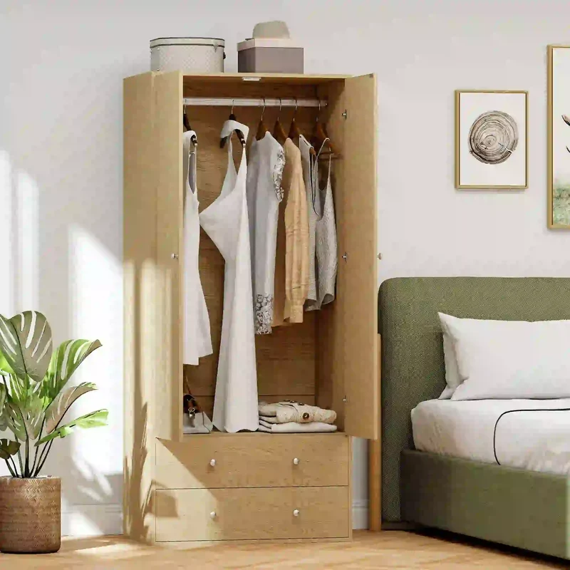 Modern Wardrobe Closet, 2 Drawers, Hanging Rod, Natural Wood