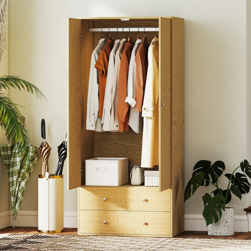Modern Wardrobe Closet, 2 Drawers, Hanging Rod, Natural Wood