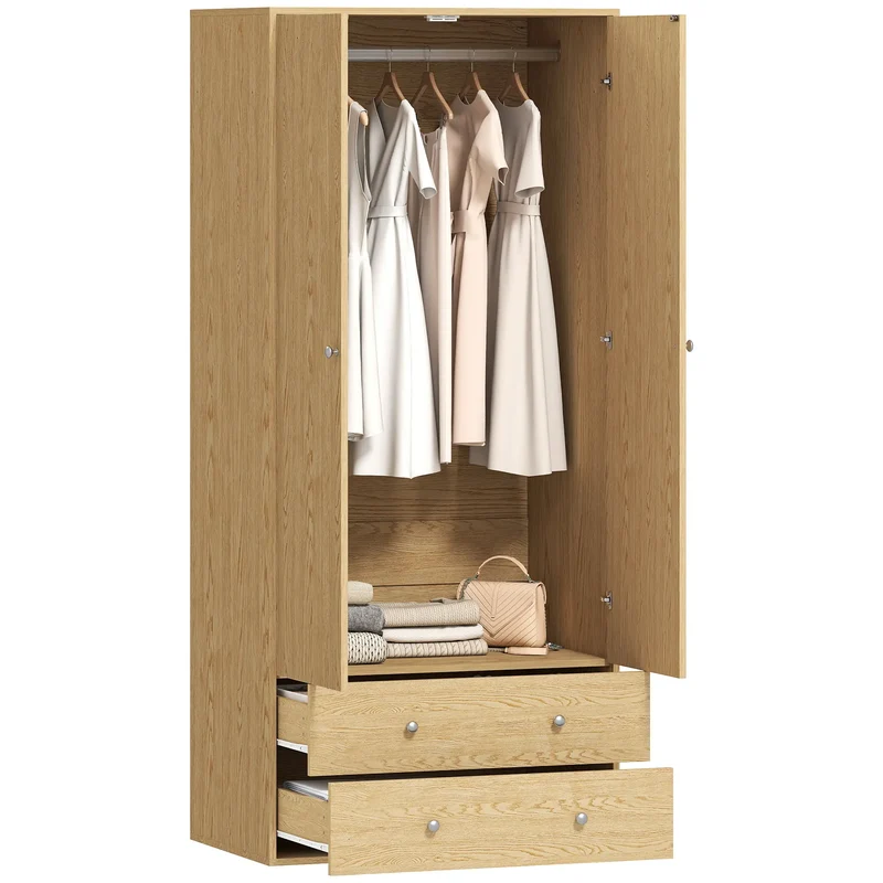 Modern Wardrobe Closet, 2 Drawers, Hanging Rod, Natural Wood