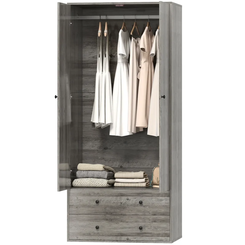 Modern Wardrobe Closet, 2 Drawers, Hanging Rod, Grey