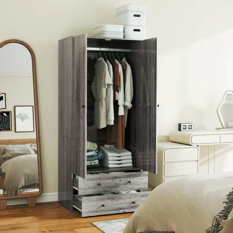 Modern Wardrobe Closet, 2 Drawers, Hanging Rod, Grey