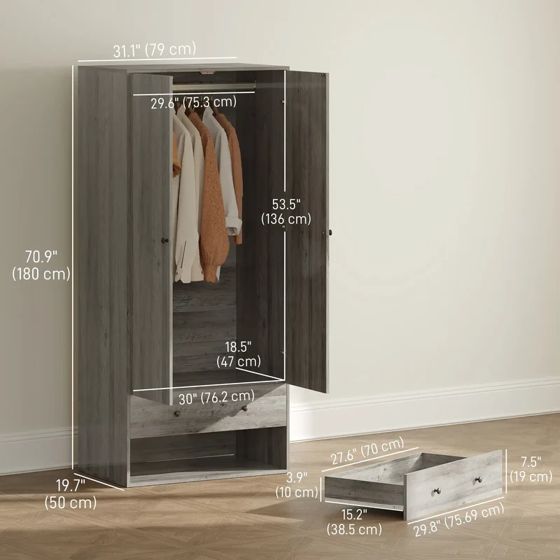 Modern Wardrobe Closet, 2 Drawers, Hanging Rod, Grey