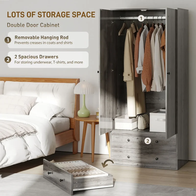 Modern Wardrobe Closet, 2 Drawers, Hanging Rod, Grey