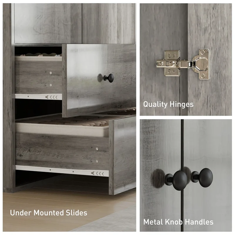 Modern Wardrobe Closet, 2 Drawers, Hanging Rod, Grey