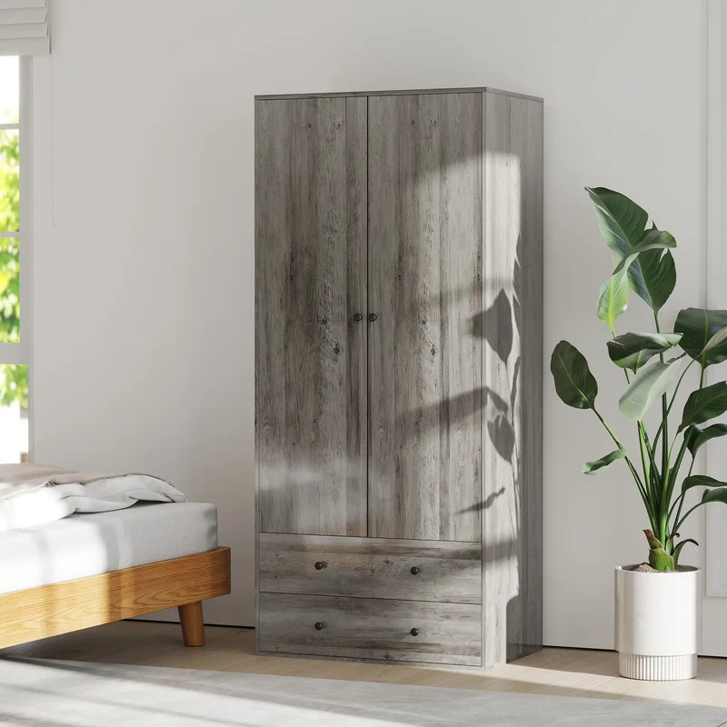Modern Wardrobe Closet, 2 Drawers, Hanging Rod, Grey