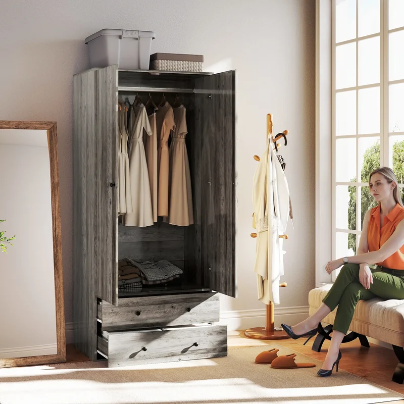Modern Wardrobe Closet, 2 Drawers, Hanging Rod, Grey