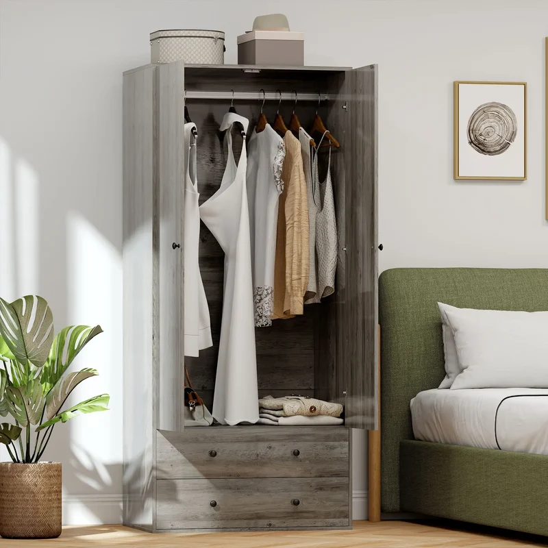 Modern Wardrobe Closet, 2 Drawers, Hanging Rod, Grey