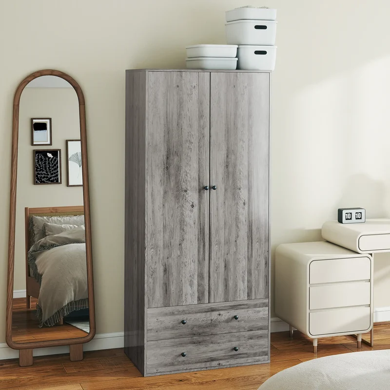 Modern Wardrobe Closet, 2 Drawers, Hanging Rod, Grey