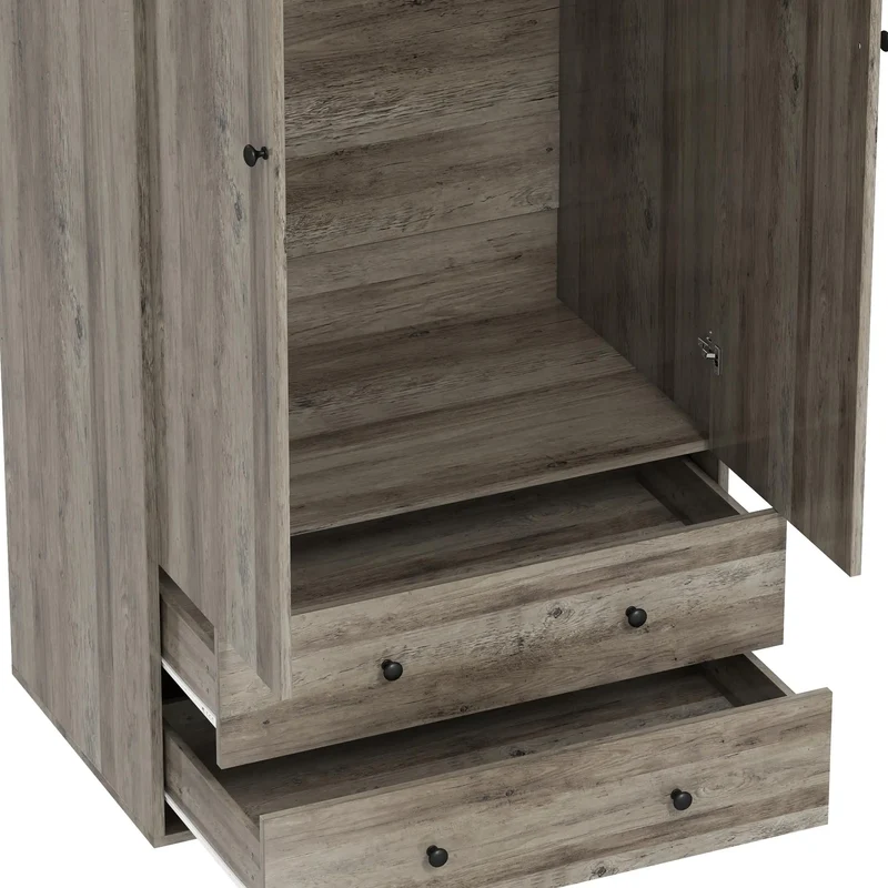 Modern Wardrobe Closet, 2 Drawers, Hanging Rod, Grey