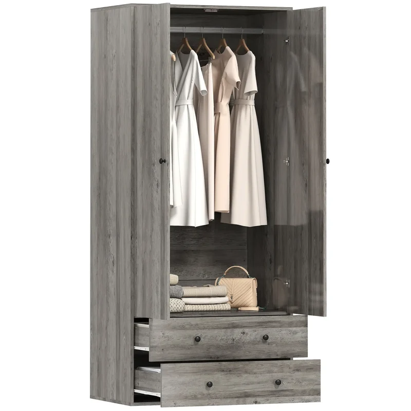 Modern Wardrobe Closet, 2 Drawers, Hanging Rod, Grey
