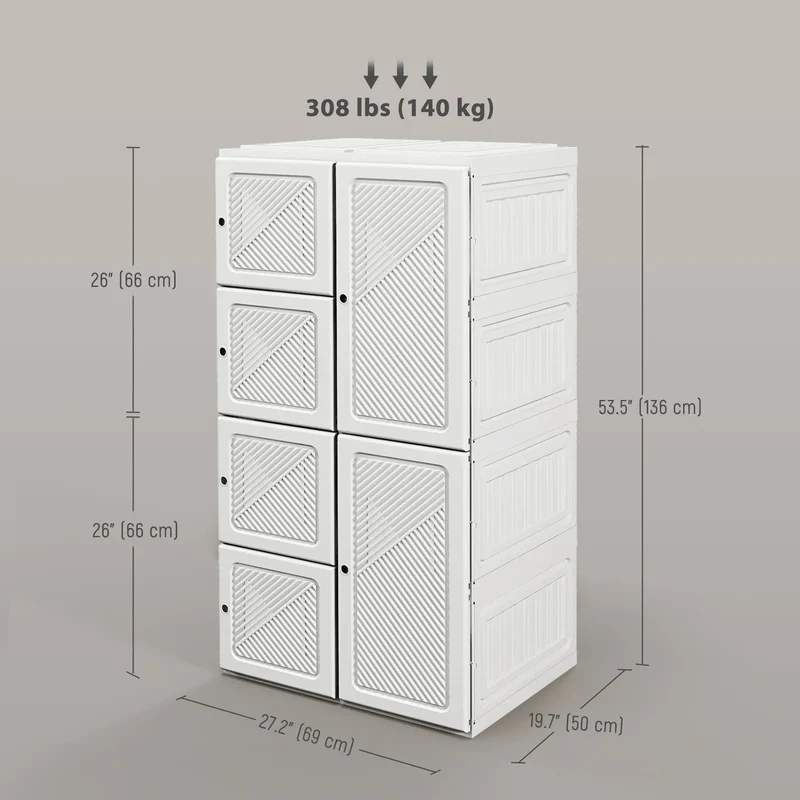 Portable Wardrobe, Foldable Clothes Organizer, 8 Compartments, Magnet Doors, White