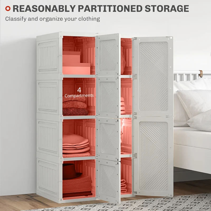 Portable Wardrobe, Foldable Clothes Organizer, 8 Compartments, Magnet Doors, White