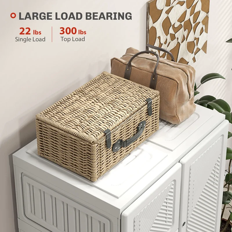 Portable Wardrobe, Foldable Clothes Organizer, 8 Compartments, Magnet Doors, White