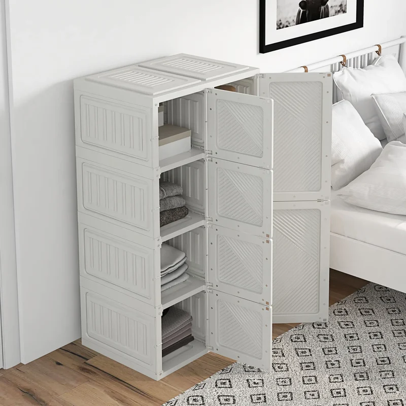 Portable Wardrobe, Foldable Clothes Organizer, 8 Compartments, Magnet Doors, White