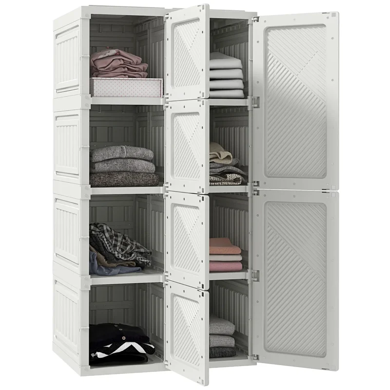 Portable Wardrobe, Foldable Clothes Organizer, 8 Compartments, Magnet Doors, White