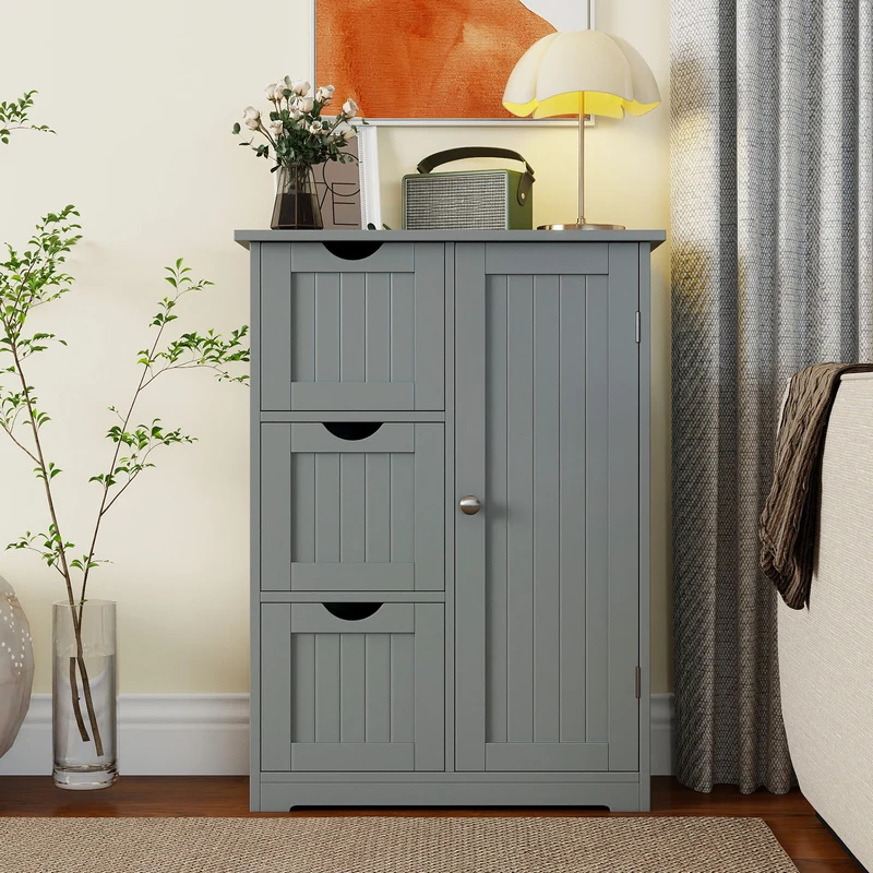 Bathroom Floor Cabinet, 3 Drawers 1 Cupboard, Gray