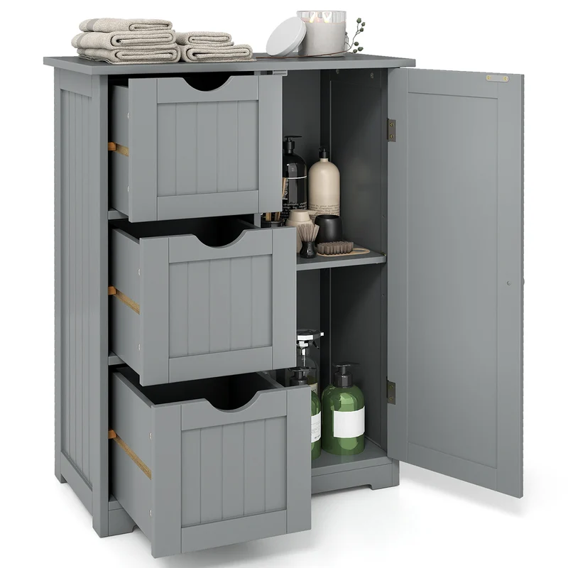 Bathroom Floor Cabinet, 3 Drawers 1 Cupboard, Gray