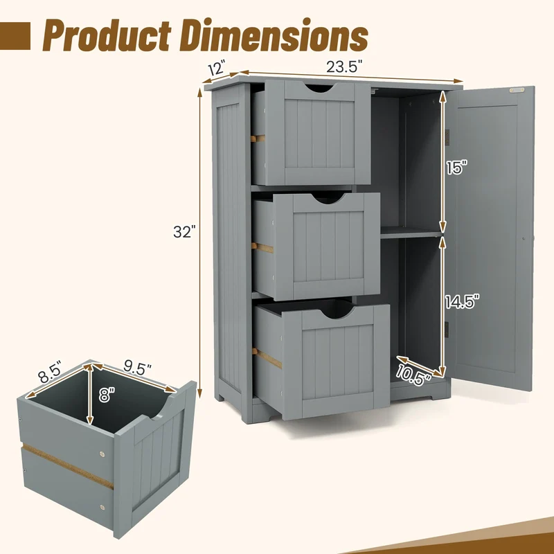 Bathroom Floor Cabinet, 3 Drawers 1 Cupboard, Gray