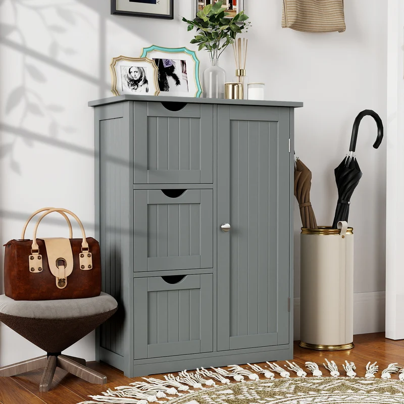 Bathroom Floor Cabinet, 3 Drawers 1 Cupboard, Gray