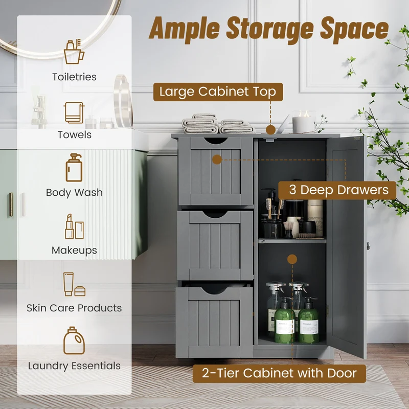 Bathroom Floor Cabinet, 3 Drawers 1 Cupboard, Gray