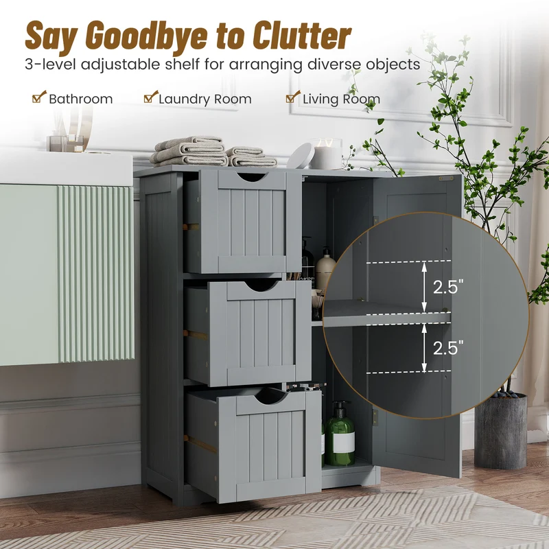 Bathroom Floor Cabinet, 3 Drawers 1 Cupboard, Gray