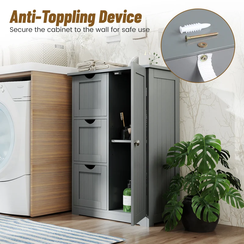 Bathroom Floor Cabinet, 3 Drawers 1 Cupboard, Gray
