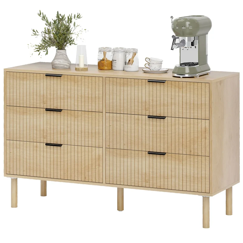 6 Drawer Dresser, Fluted Panels, Solid Wood Legs, Oak