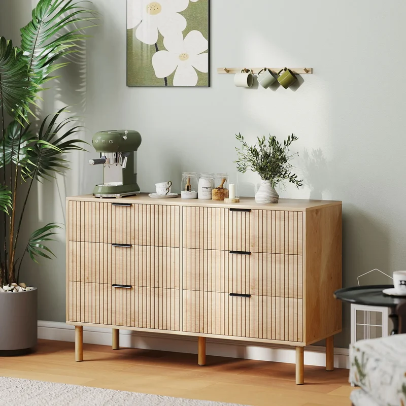 6 Drawer Dresser, Fluted Panels, Solid Wood Legs, Oak