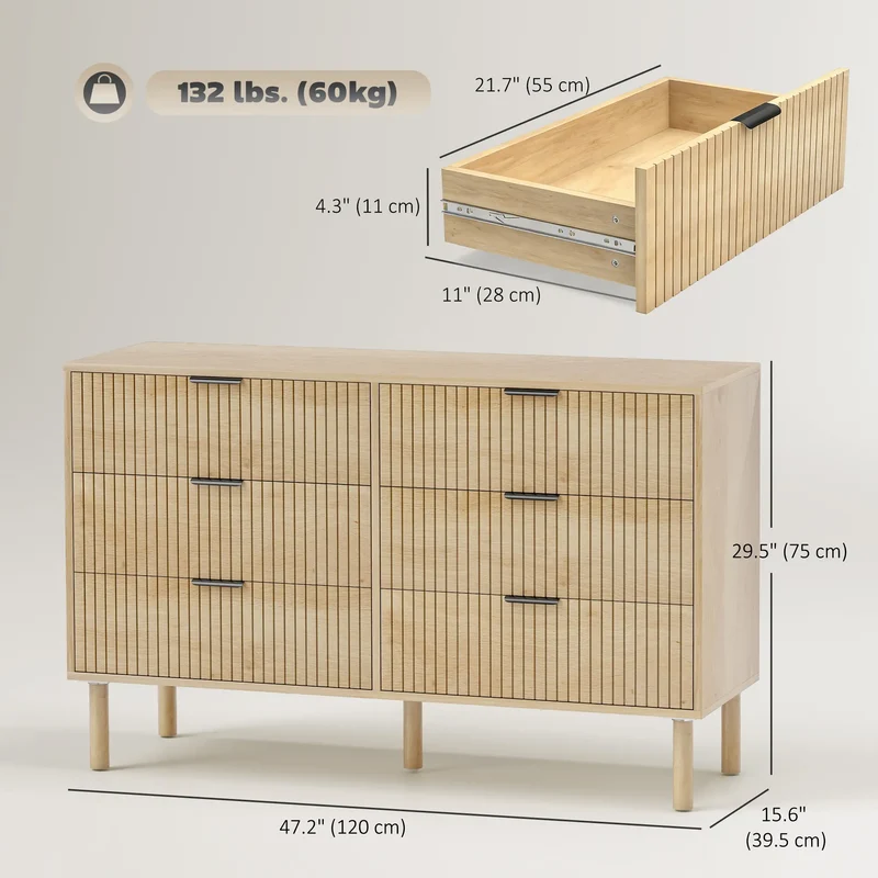6 Drawer Dresser, Fluted Panels, Solid Wood Legs, Oak
