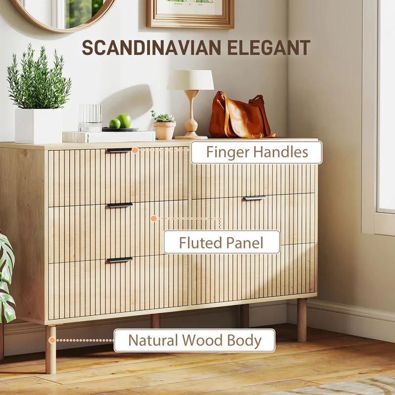 6 Drawer Dresser, Fluted Panels, Solid Wood Legs, Oak