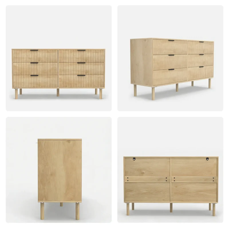 6 Drawer Dresser, Fluted Panels, Solid Wood Legs, Oak