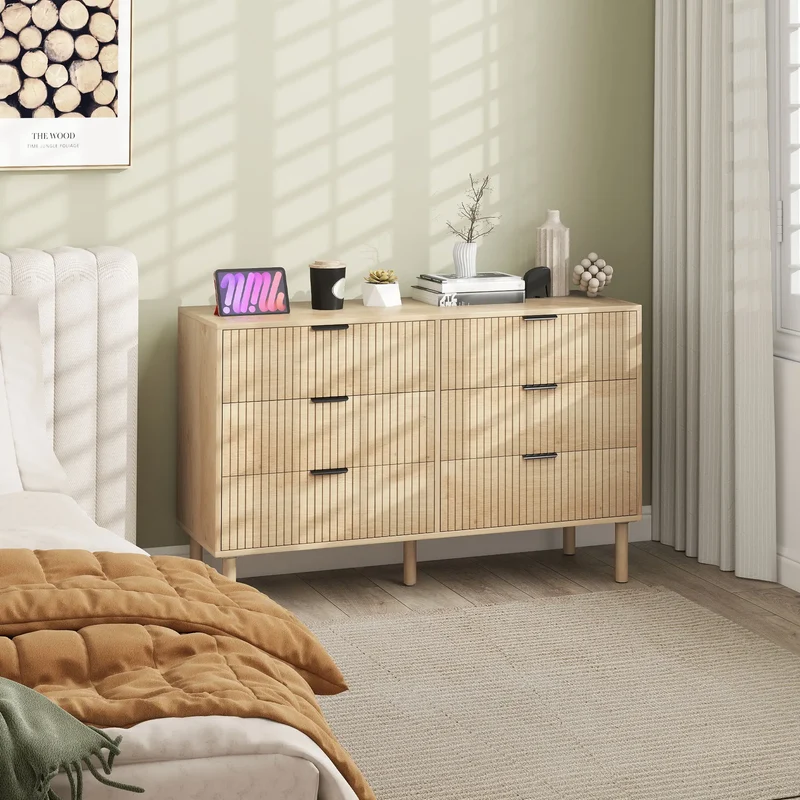 6 Drawer Dresser, Fluted Panels, Solid Wood Legs, Oak