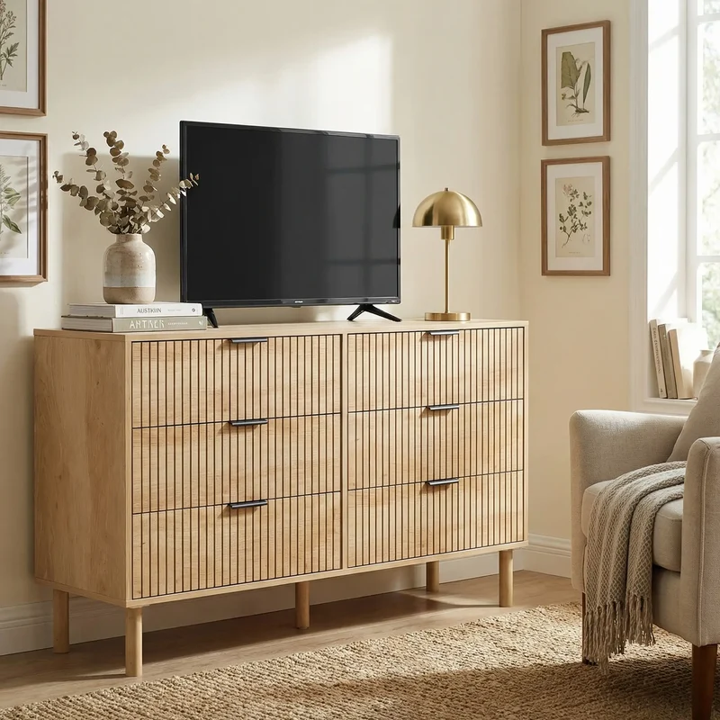 6 Drawer Dresser, Fluted Panels, Solid Wood Legs, Oak
