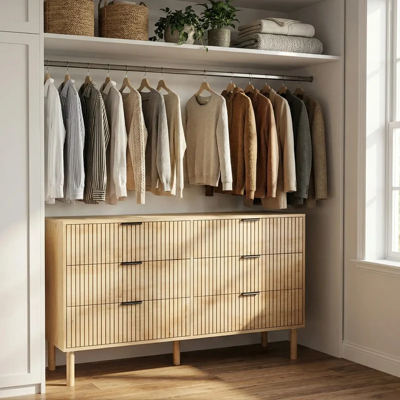 6 Drawer Dresser, Fluted Panels, Solid Wood Legs, Oak