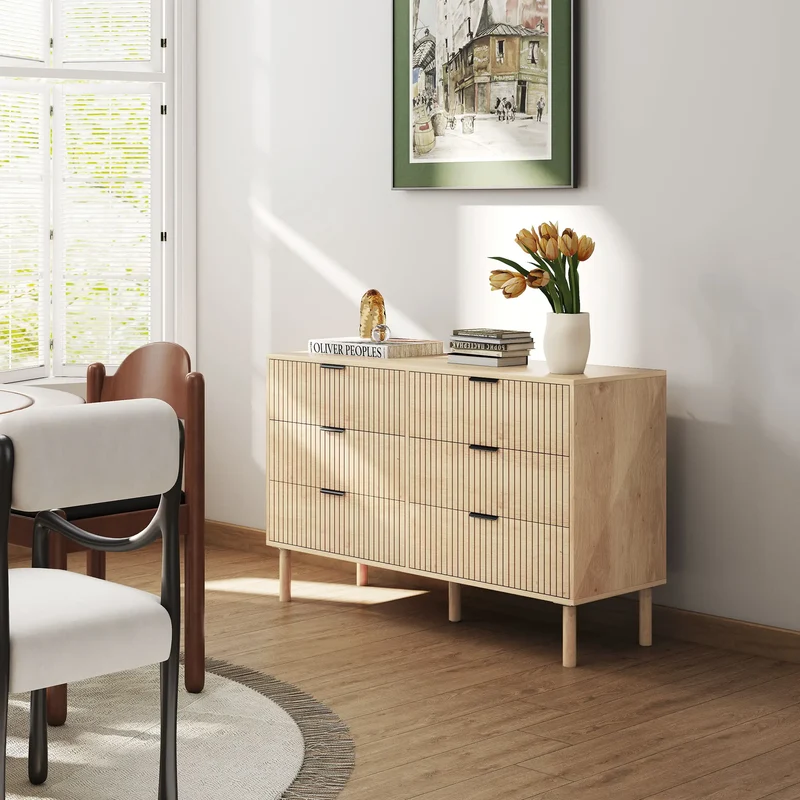 6 Drawer Dresser, Fluted Panels, Solid Wood Legs, Oak