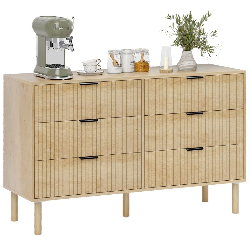 6 Drawer Dresser, Fluted Panels, Solid Wood Legs, Oak