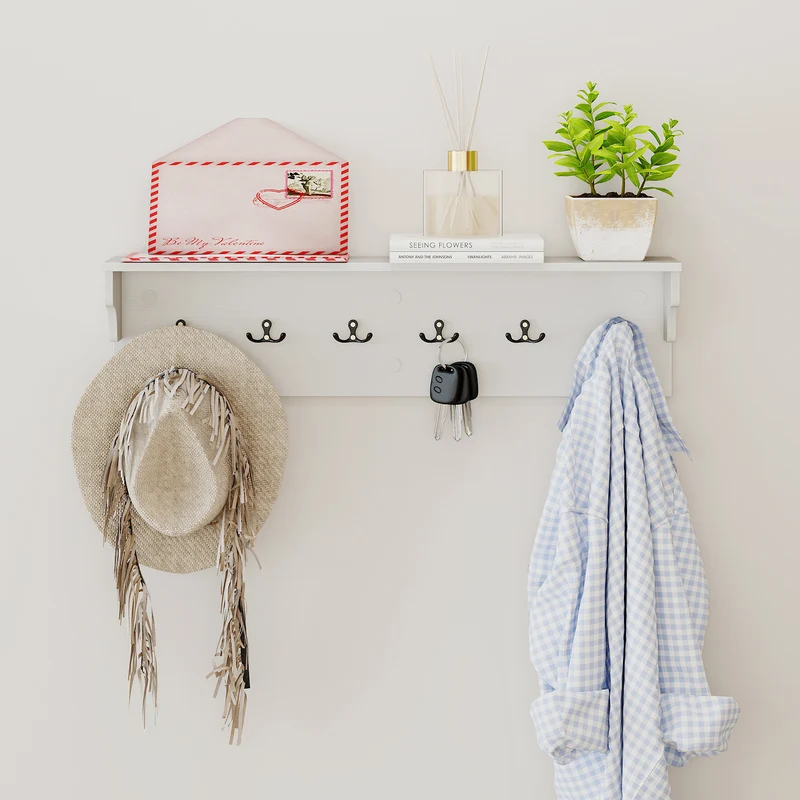 Wall Hooks with Shelf 31.5inch Wooden Coat Rack with 6 Hooks for Hats Towels Purses Robes, White