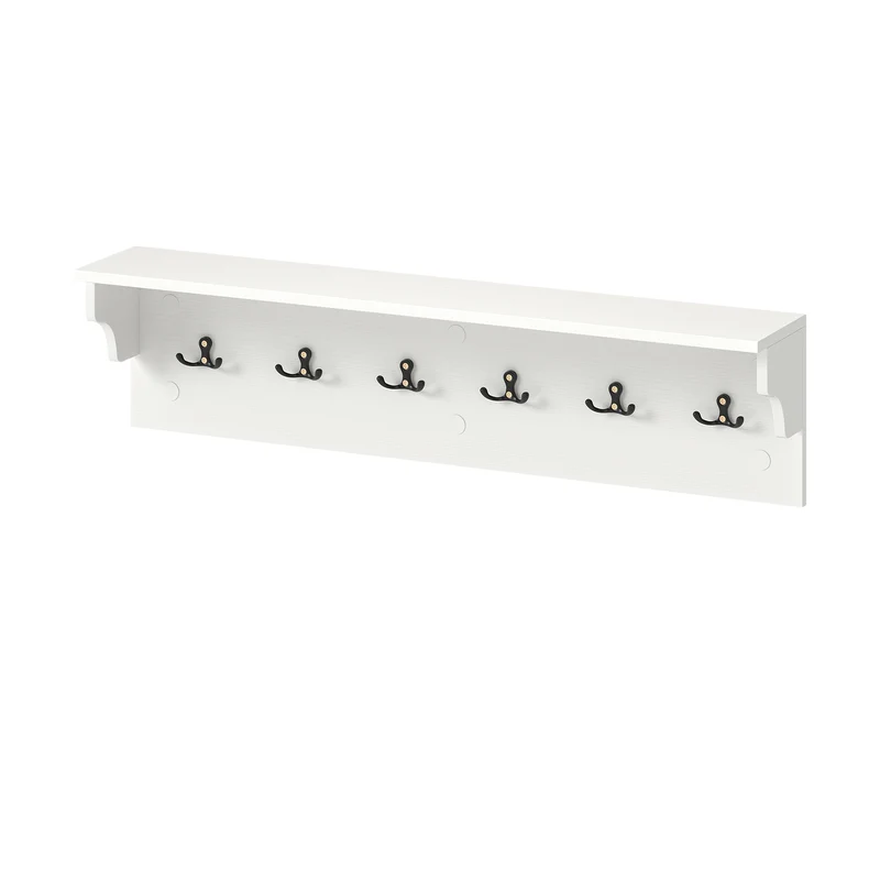 Wall Hooks with Shelf 31.5inch Wooden Coat Rack with 6 Hooks for Hats Towels Purses Robes, White