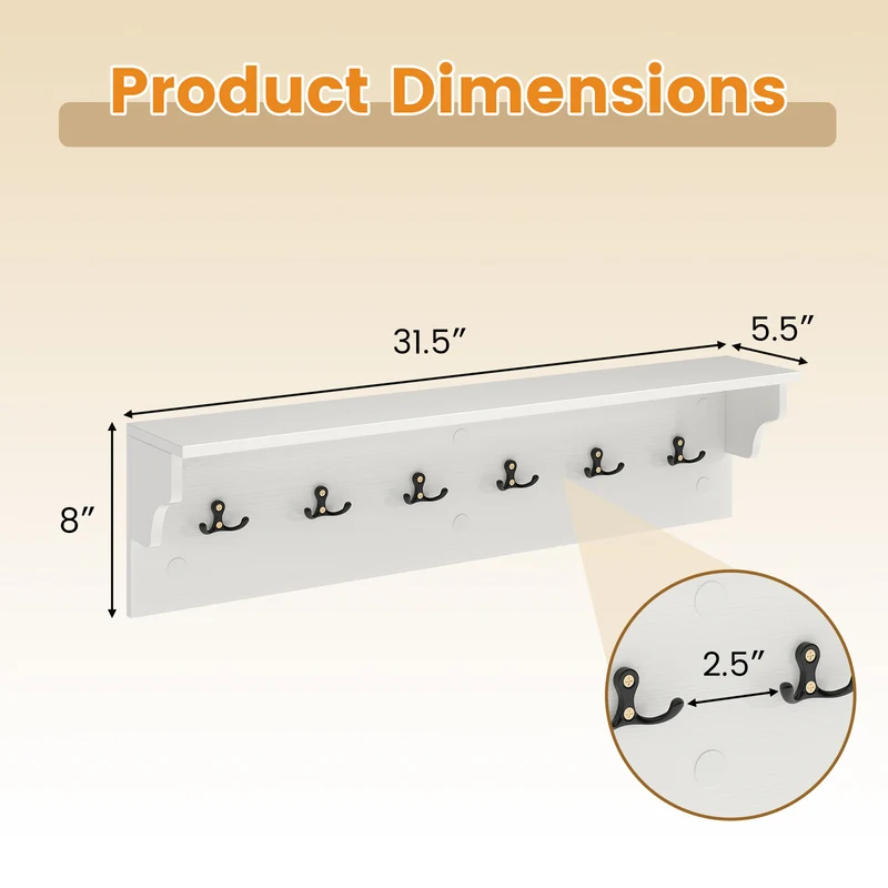 Wall Hooks with Shelf 31.5inch Wooden Coat Rack with 6 Hooks for Hats Towels Purses Robes, White